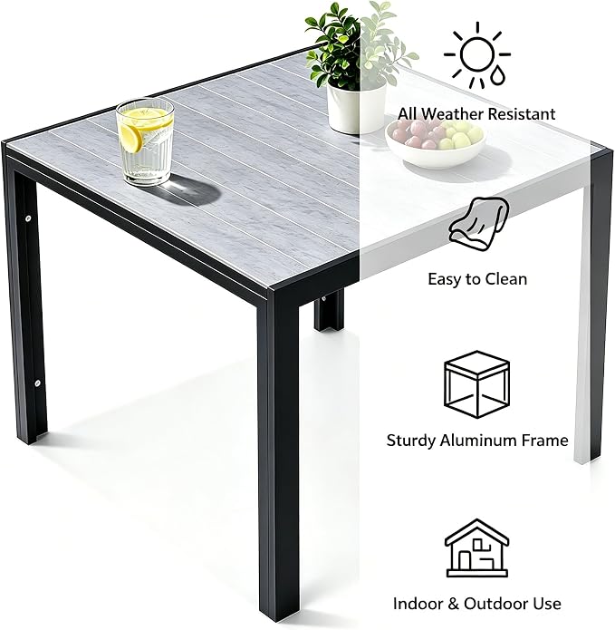 ALBAD 36" Square Outdoor Dining Table for 4 Peolpe, Wood Grain Top | Waterproof HDPE tabletop on powder-coated aluminum frame. all-weather patio table for garden, backyard, deck & porch.