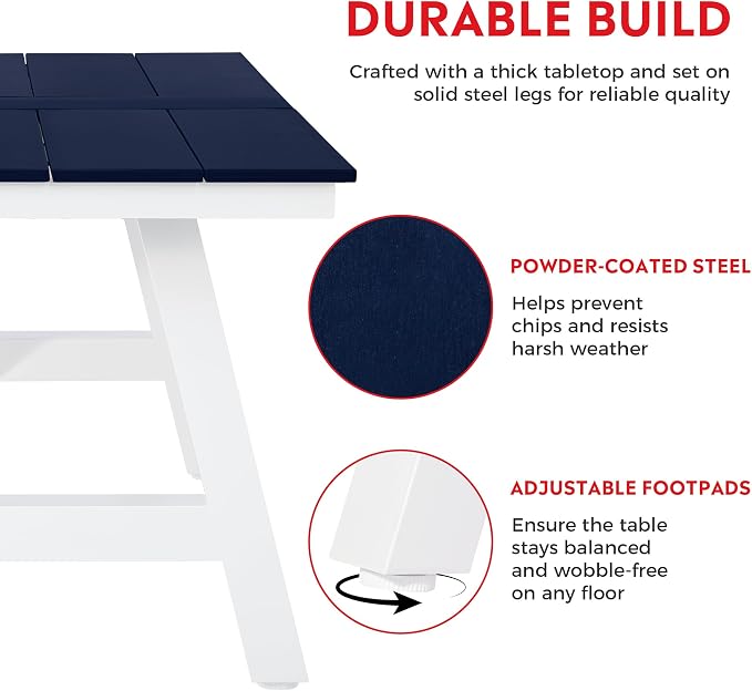Costaelm Outdoor Dining Tables for Patio, 72" Rectangle 6-Person HDPE Dining Table with Umbrella Hole and Metal Frame for Outside, Garden, Poolside, Backyard, Porch, Balcony, Navy Blue