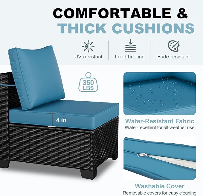 Outdoor Patio Furniture Set, Wicker Patio Chairs with Thick Cushions (Coffee and Peacock Blue, 7pcs Sofa Set)