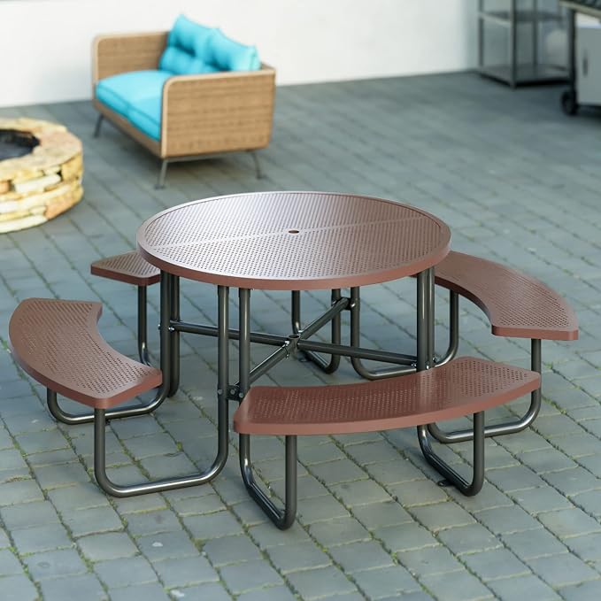 46'' Round Metal Picnic Table with 1.78" Umbrella Hole, Heavy-Duty Stainless Steel Mesh Top Outdoor Table, Rust Resistant Weatherproof Patio Dining Table, For Backyard, Garden & Picnic, Coffee