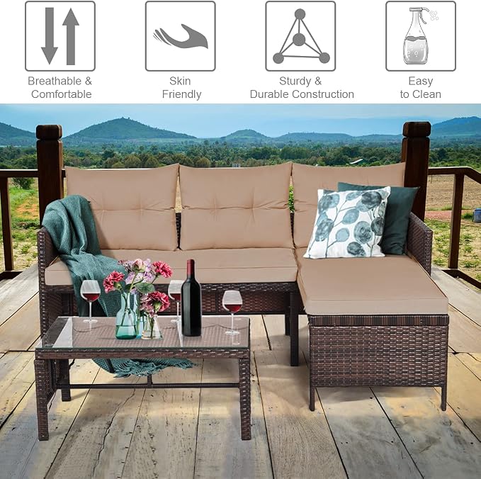 DORTALA Wicker Patio Furniture Set Couch 3 Piece, L-Shaped PE Rattan Outdoor Sectional Sofa Conversation Set with Loveseat, Lounge and Tempered Glass Coffee Table for Garden Lawn Deck, Brown