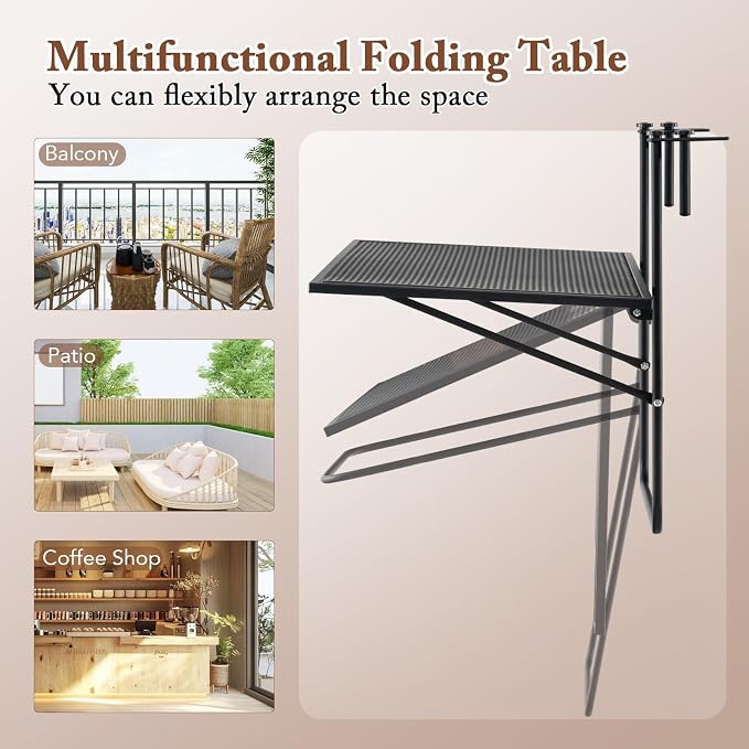 HAPPYGRILL Balcony Hanging Table for Railing, Outdoor Metal Folding Deck Bar Table with Adjustable Hooks, Black