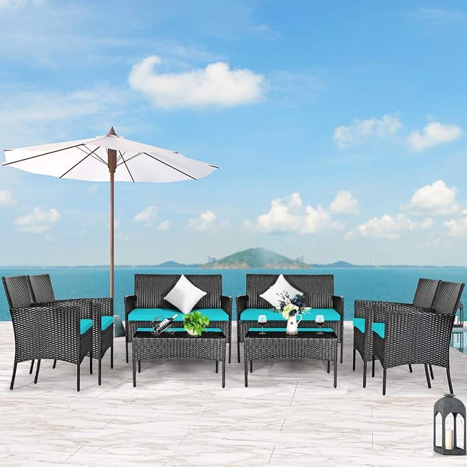 Tangkula 8 Piece Patio Furniture Set, Outdoor Wicker Conversation Set with Tempered Glass Coffee Table, Rattan Loveseat & Chairs Set with Seat Cushions for Backyard, Garden, Poolside (2, Turquoise)