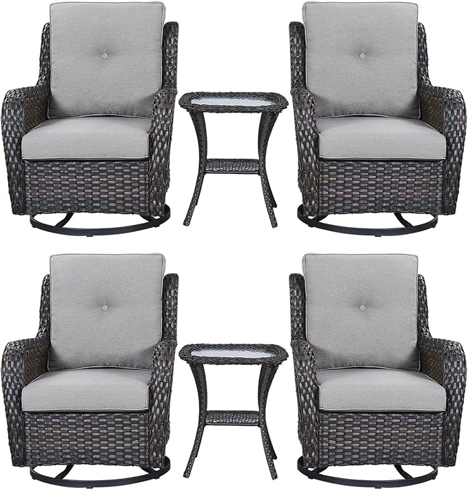 Rilyson Wicker Rocking Chair Swivel Chairs – 6 Piece Rocker Patio Furniture Set Rattan Rocking Bistro Sets with Glass Top Side Table for Outdoor Porch Deck Garden Backyard(Brown/Grey)