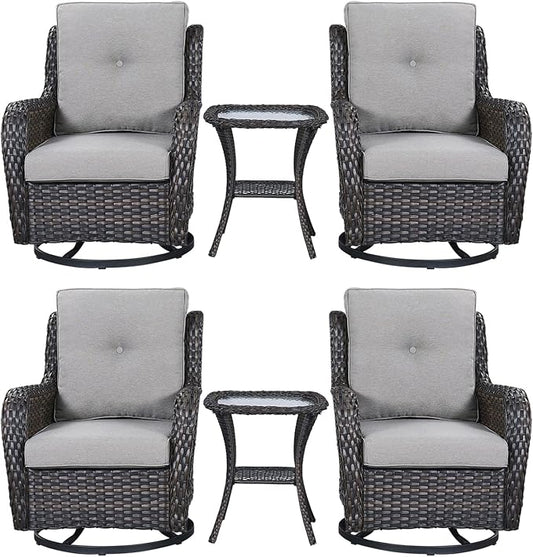 Rilyson Wicker Rocking Chair Swivel Chairs – 6 Piece Rocker Patio Furniture Set Rattan Rocking Bistro Sets with Glass Top Side Table for Outdoor Porch Deck Garden Backyard(Brown/Grey)