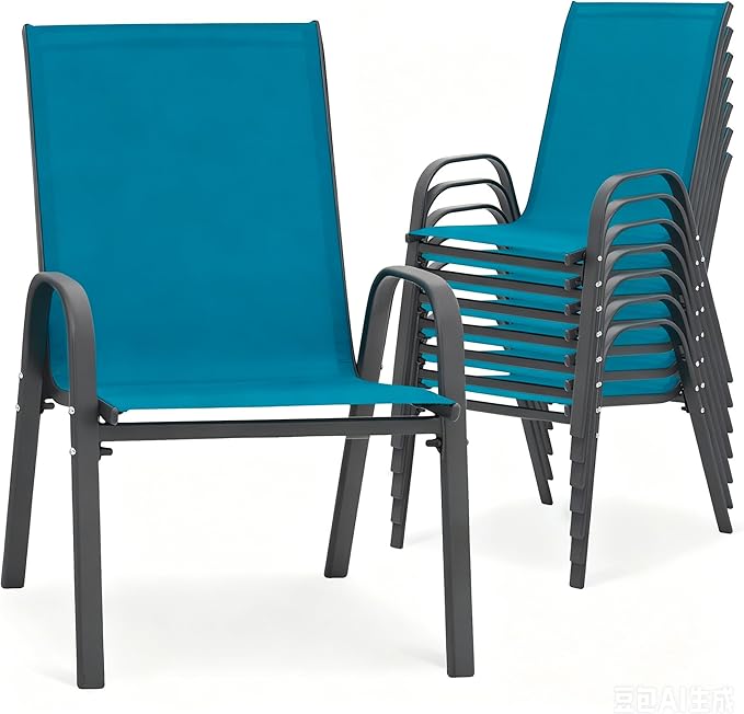 24.4" Wide Outdoor Stackable Chairs Set of 8, Stacking Patio Chairs with Textilene Fabric, Outside Furniture for Garden Backyard Balconie Poolside Deck, Blue