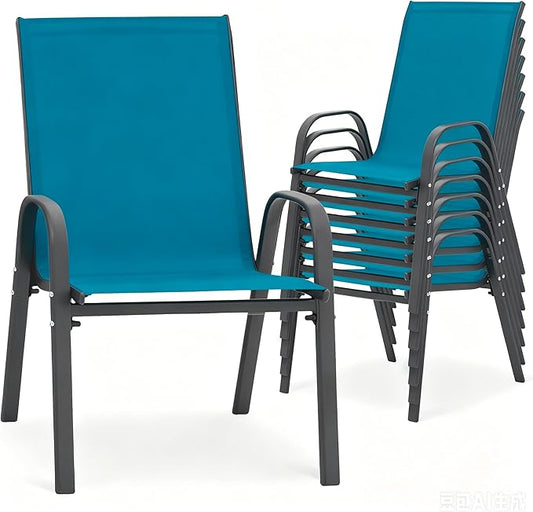 24.4" Wide Outdoor Stackable Chairs Set of 8, Stacking Patio Chairs with Textilene Fabric, Outside Furniture for Garden Backyard Balconie Poolside Deck, Blue