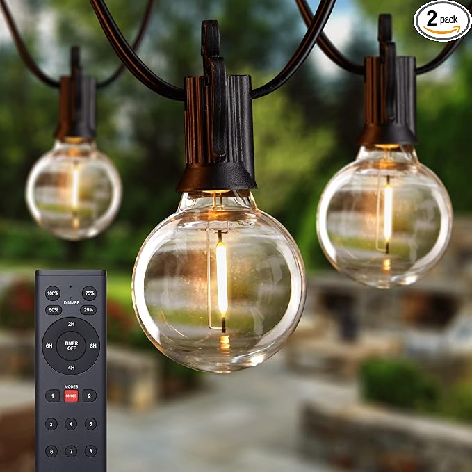 Brightown Outdoor String Lights with Remote, 2 Packs Each 38Ft 15 LED Patio Lights Outdoor Waterproof, String Lights for Outside, Dimmable Hanging Lights for Porch Balcony Bistro Cafe