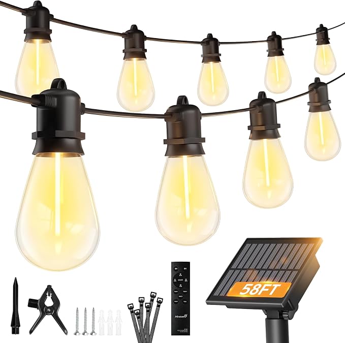 Minetom 58FT Solar String Lights Outdoor Waterproof, S14 Patio Lights | 17 LED Shatterproof Bulb, Remote Type-C Port Timable, 3 Light Modes Dimmable Solar String Lights for Outside, Yard, Camping