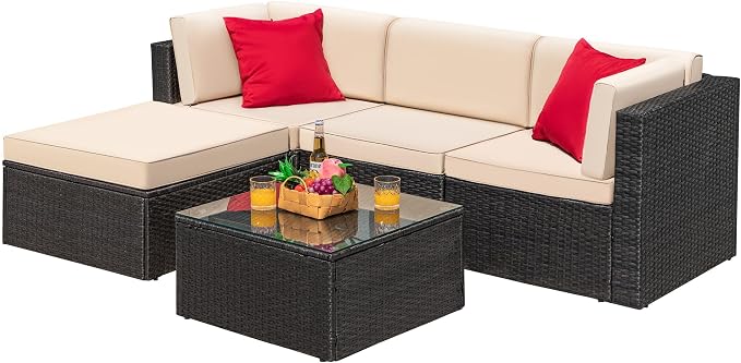 Greesum 5 Piece Patio Conversation Set Wicker Rattan Furniture Outdoor Sofa with Cushions,Pillows & Glass Table for Porch,Lawn and Yard,Beige