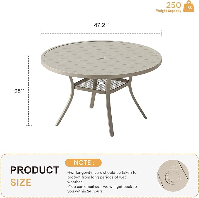 VICLLAX 47.2" Outdoor Round Patio Table for Lawn Garden, All Weather Metal Round Outdoor Dining Table with Adjustable Umbrella Hole, 6 Person Patio Table, Sandshell