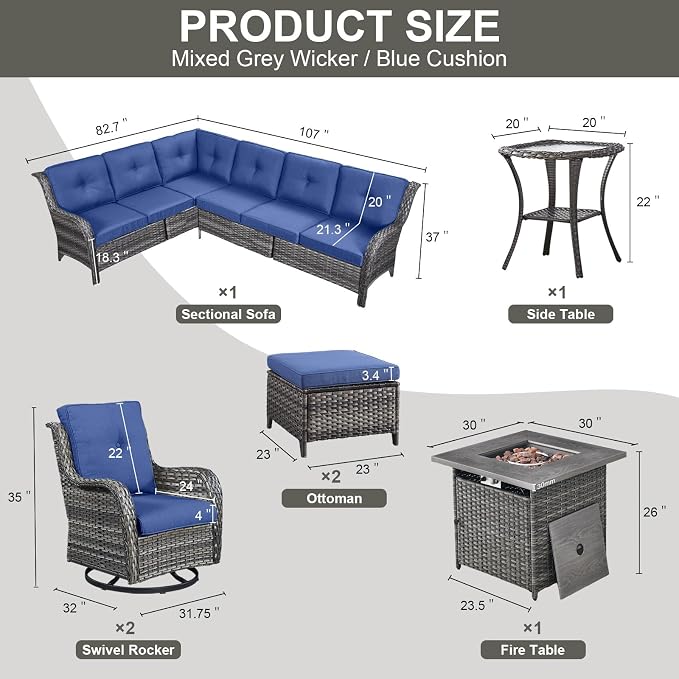 Belord Patio Furniture Set with Fire Pit Table,8 Piece Wicker Outdoor Furniture Set, Swivel Rocker Chairs with Ottomans and Sectional Couch, All Weather Patio Conversation Set,Gray Wicker/Blue