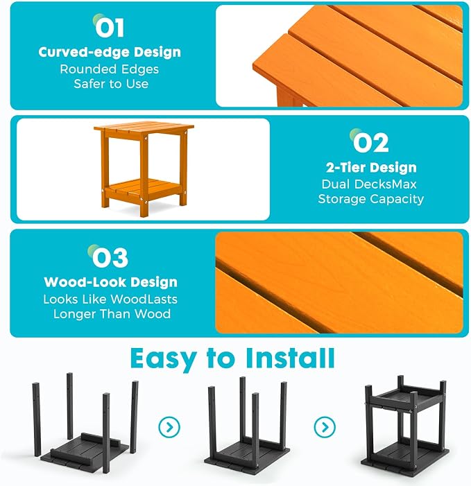 Outdoor 2-Tier Square Side Table, Adirondack Weather Resistant Patio End Table, Low Maintenance HDPE Accent Table for Backyard, Pool, Porch, Deck, Orange