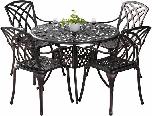 5 Pieces Outdoor Patio Dining Set, Cast Aluminium Patio Furniture Set with 4 Chairs Round Table, Anti Rust Outdoor Dining Set with 1.97" Umbrella Hole for Garden, Porch and Poolside, Bronze