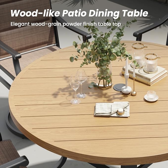 Soohow Outdoor Dining Set for 6, 7-Piece Patio Table and Chairs Set, 6 x Swivel Patio Dining Chairs and 47" Wood-Like Round Outdoor Table with 1.57" Umbrella Hole for Backyard, Poolside