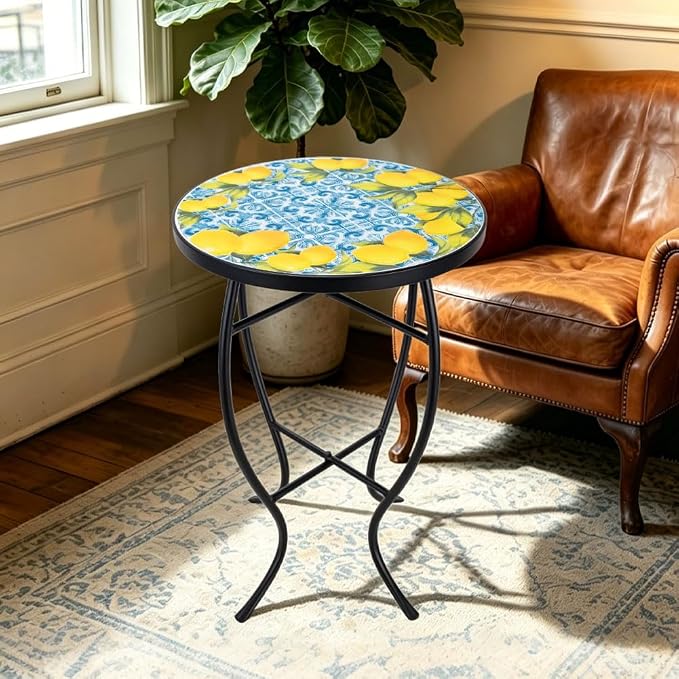 14 Inch Mosaic Patio Side Table with X-Curved Legs, Indoor Outdoor Accent Round End Table with Ceramic Tile Tops for Yard, Garden, Living Room, Bistro, C - Lemon & Blue Tile