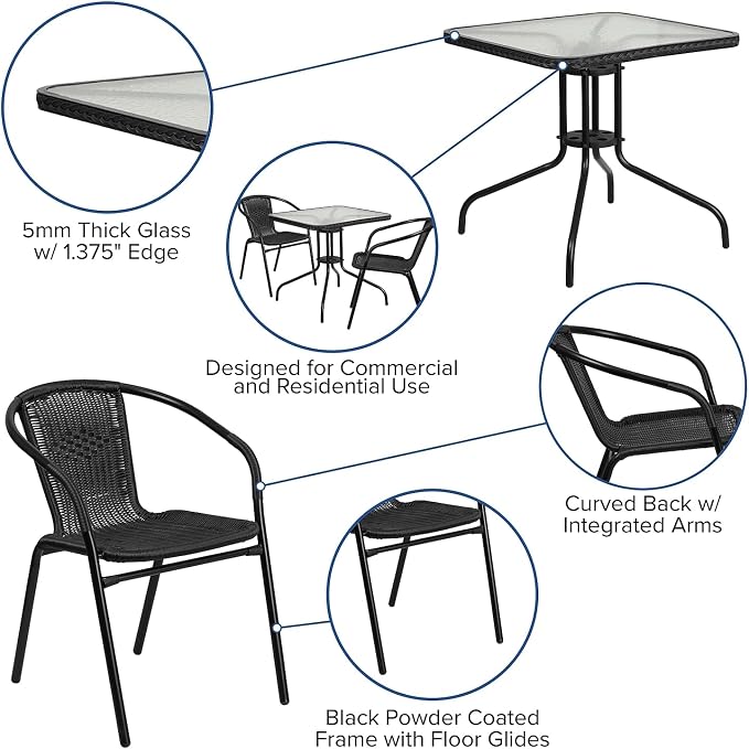 Flash Furniture Lila 28'' Square Glass Metal Table with Black Rattan Edging and 2 Black Rattan Stack Chairs