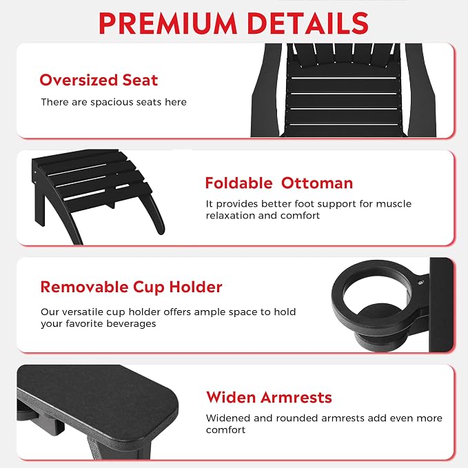 Costaelm Lakeview 12-Piece HDPE Outdoor Patio Furniture Adirondack Chair Conversation Table Set, Black