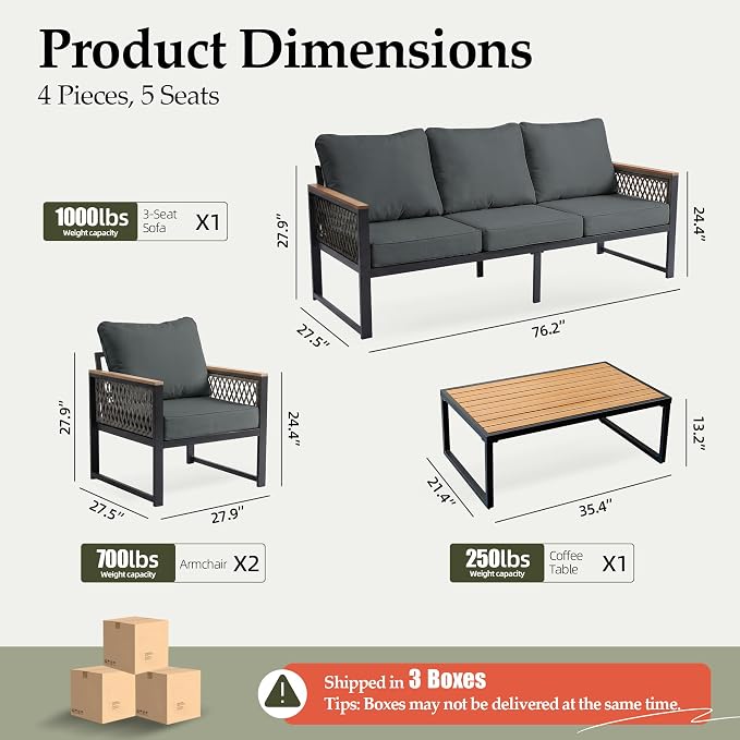 UPHA 4 Pieces Patio Furniture Set, Metal Outdoor Sectional Couch Set with 3-Seat Sofa, 2 Chairs, Coffee Table, Modern Patio Conversation Set for Porch Balcony Deck, 5 Seats, Gray