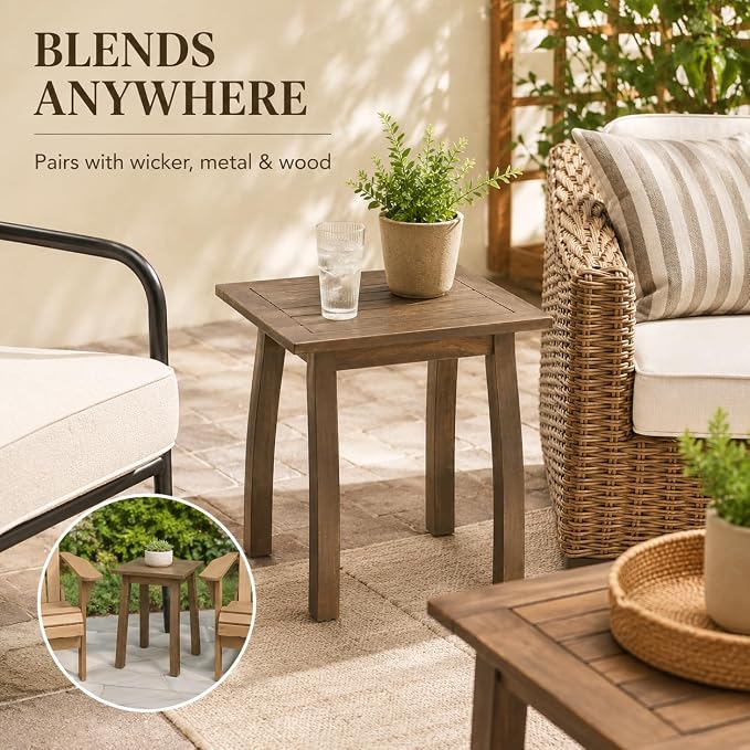 Selma Acacia Wood Outdoor Side Table, Weather Resistant Slatted Design Patio Coffee End Table, Decorative Decorated Accent Table for Balcony Beach Poolside, Natural Stained (Grey + Acacia Wood)