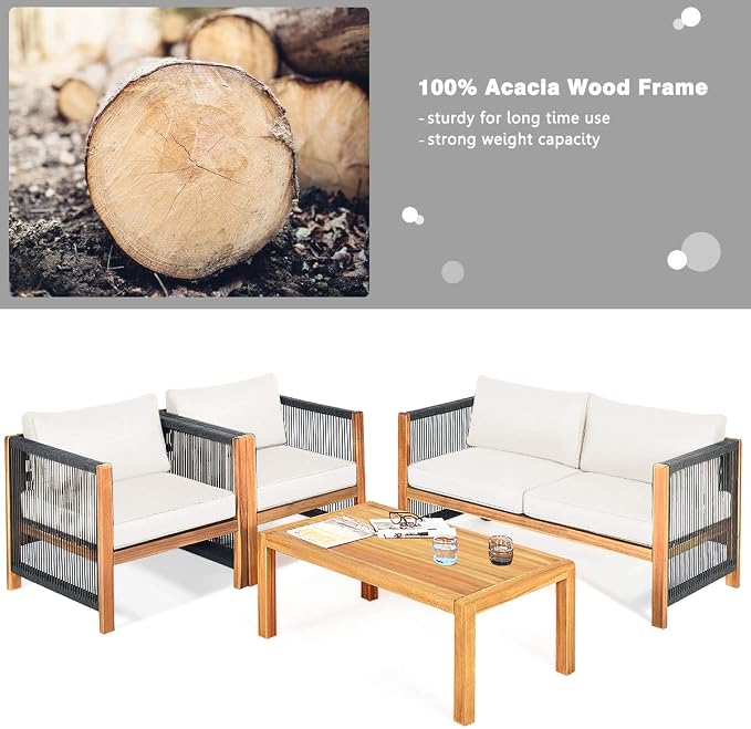 Tangkula Outdoor Wood Furniture Set with 2 Set Cushion Covers, 4 Pieces Cushioned Patio Conversation Set, for Garden Balcony Poolside Outdoor Living (1, WH-TU)