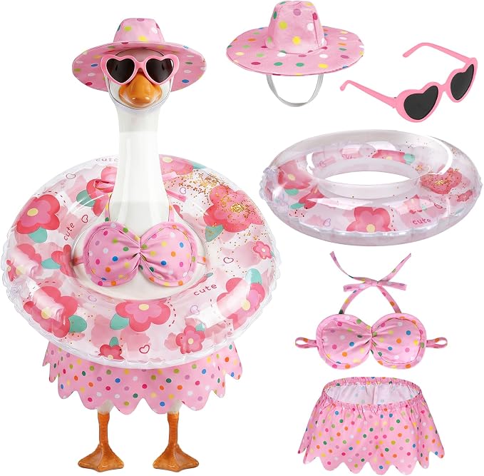 hoyuwak Bikini Goose Outfits Summer Hawaiian Porch Goose Outfits with Swimming Ring Sunglasses Hat for 23" Geese Yard Decor