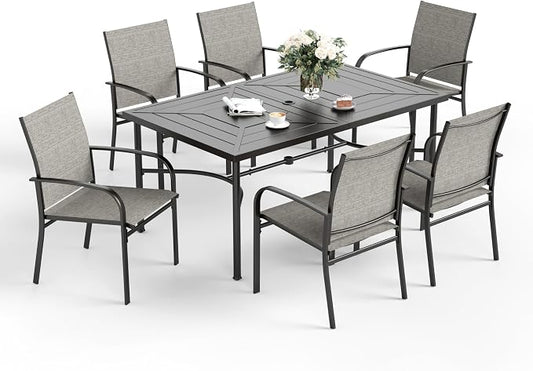 SUNSHINE VALLEY Patio Dining Set for 6, 64" Rectangular Metal Dining Table with Umbrella Hole and 6 Chairs, Outdoor Table and Chairs Set for Lawn Garden Backyard and Deck, Brown
