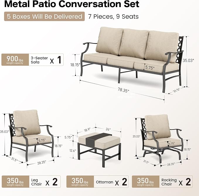 SUNSHINE VALLEY Patio Furniture Set, Modern Metal Outdoor Patio Furniture, 3 Seater Sofa, 2 Fixed Chairs, 2 Rocking Chairs, 2 Ottomans and 5.75" Extra Thick Cushion, Patio Conversation Set for Garden
