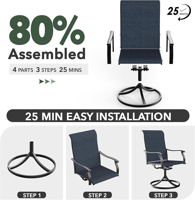 Patio Dining Set 5 with 40" Glass Round Table, Navy Blue Swivel Chairs Sty1 | 4 Piece Swivel Chairs: High Back, Retro Armrest, Textilene Fabric, Rocking; 40 inch Round Table: Glass Top; All Weather