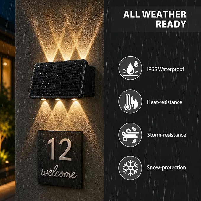 Solar Wall Lights Outdoor, 6 LED Solar Powered Wall Wash Light, Up and Down Lighting, IP65 Waterproof Exterior Fence Lights, Warm White, Auto On/Off for Patio, Fence, Garage, Garden, Yard