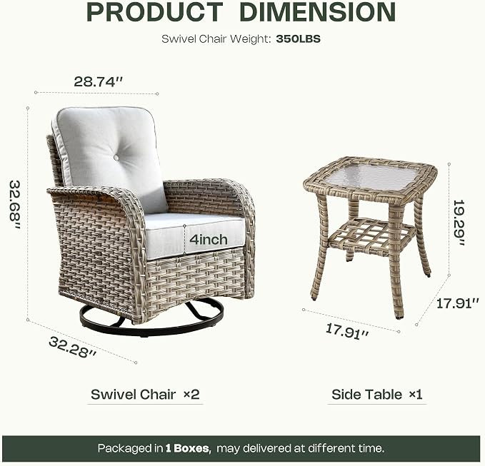 Outdoor Swivel Rocking Chair Set of 2 with Coffee Table, Wicker Patio Glider Chairs with 4 Inch Thick Cushions, 350lbs Capacity High Back Rattan Furniture Set for Sunroom and Small Spaces, Light Gray