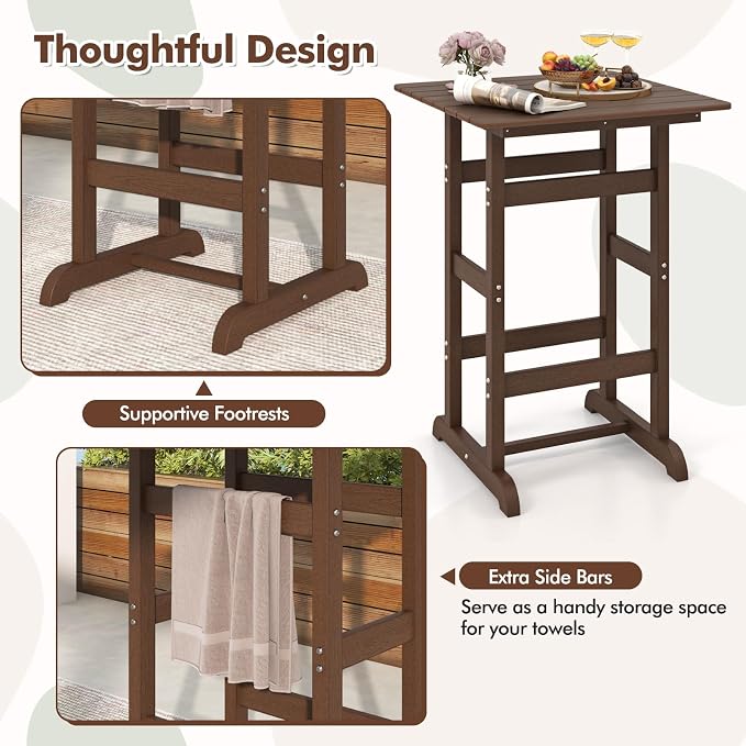Giantex 42" Height Outdoor Tall Bar Table, HDPE Square Pub Tables with Wood Grains, High Top, Cocktail Bistro Table for Adirondack Chairs, Patio, Garden, Poolside, Yard, Balcony, Brown