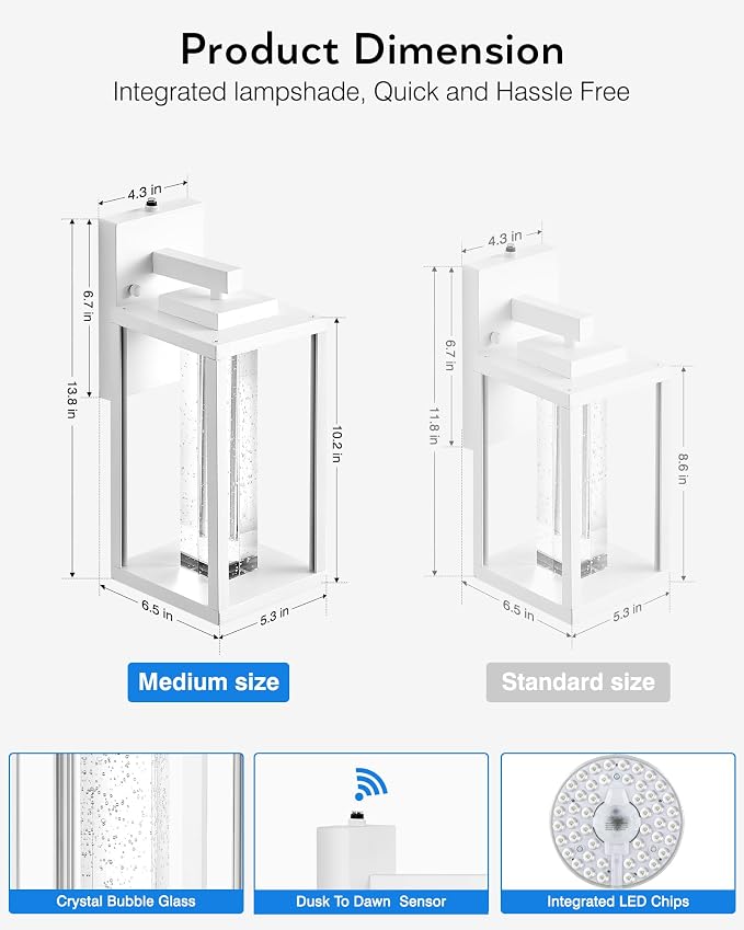 VIANIS White Exterior Lighting Fixtures for House, Large Dusk to Dawn Outdoor Wall Sconce Lantern for Porch, Outdoor Garage Lights Wall Mount with Integrated 10W LED Light Source Crystal Bubble Glass