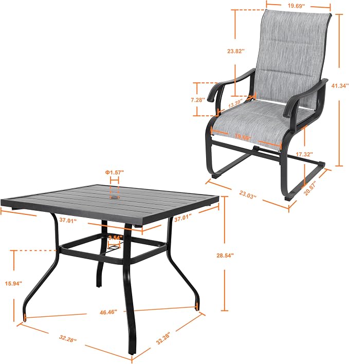 NUU GARDEN 5 Piece Outdoor Dining Set, All Weather Outdoor Padded Textilene Patio Chairs and Square Dining Table with Umbrella Hole for Backyard, Patio, Garden, Deck, Light Grey and Black