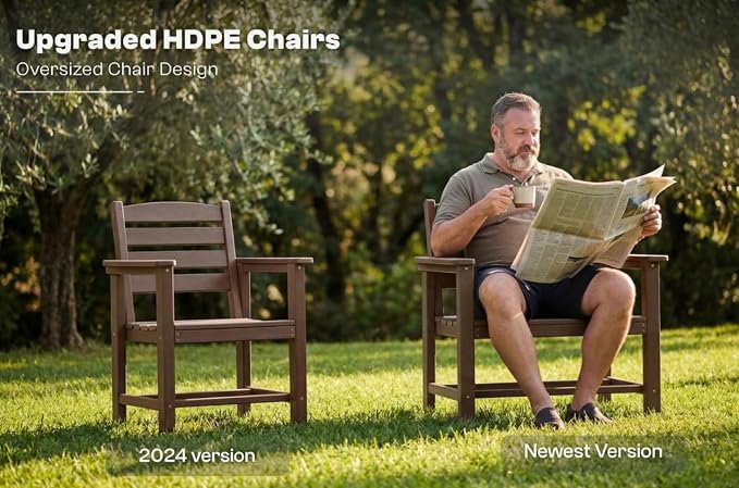 HDPE 7-Piece Outdoor Dining Set with Armchairs, Brown | All Weather Patio Table and Chairs with Umbrella Hole, Patio Furniture Dining Set for Lawn, Garden, Deck, Backyard