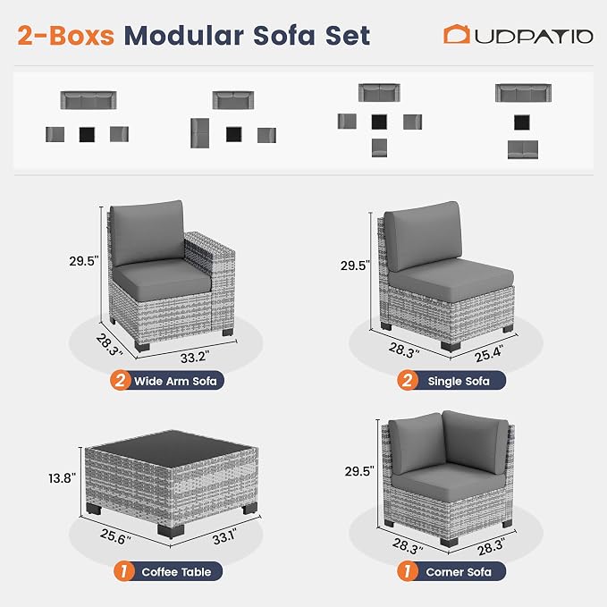 UDPATIO Patio Furniture Set, 8 Inch Armrest Outdoor Sectional Sofa, 6 Piece Wicker Outdoor Furniture Conversation Sets with Waterproof Cover and Coffee Table for Backyard Deck(Grey/Dark Grey)
