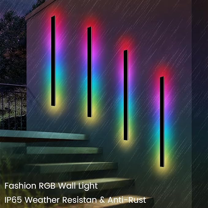 RGB Outdoor Wall Lights, Ip65 Waterproof Linear Led Modern Wall Sconce, 7 Colors and 358 Light Effects, Dimmable with Remote Modern Linear Exterior Light Fixture 47.25 inch (2 Pack)