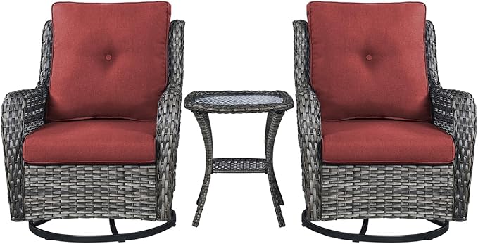 Rilyson Patio Chairs Rocking Swivel Chiar - 3 Piece Outdoor Wicker Patio Bistro Set Rattan Rocker Glider Chairs with High Back and Deep Seating for Outside Porch Deck Garden(Mixed Grey/Red)