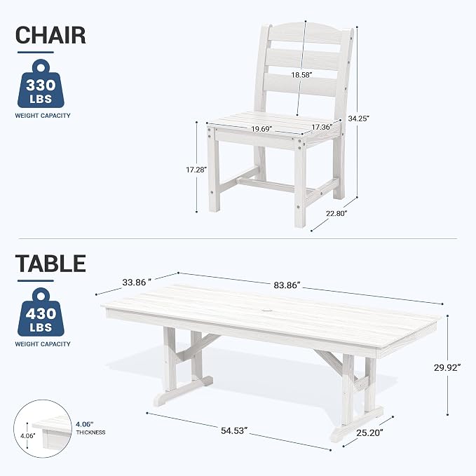 KINGYES 8-Person Outdoor Patio Dining Set with Patio Umbrella,84 inch HDPE Rectangular Table and Chairs Set，Waterproof Furniture Set with Umbrella Hole for Backyard,White