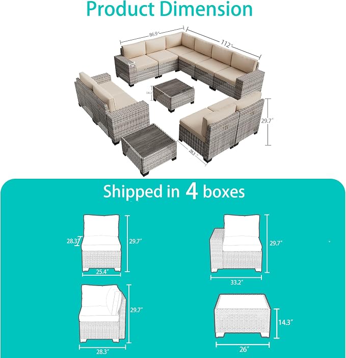 13-Piece Outdoor Patio Furniture Set with 55,000 BTU Fire Pit Table, PE Wicker Rattan Sectional Sofa Patio Conversation Set with Thickened Cushions & Coffee Table, Beige