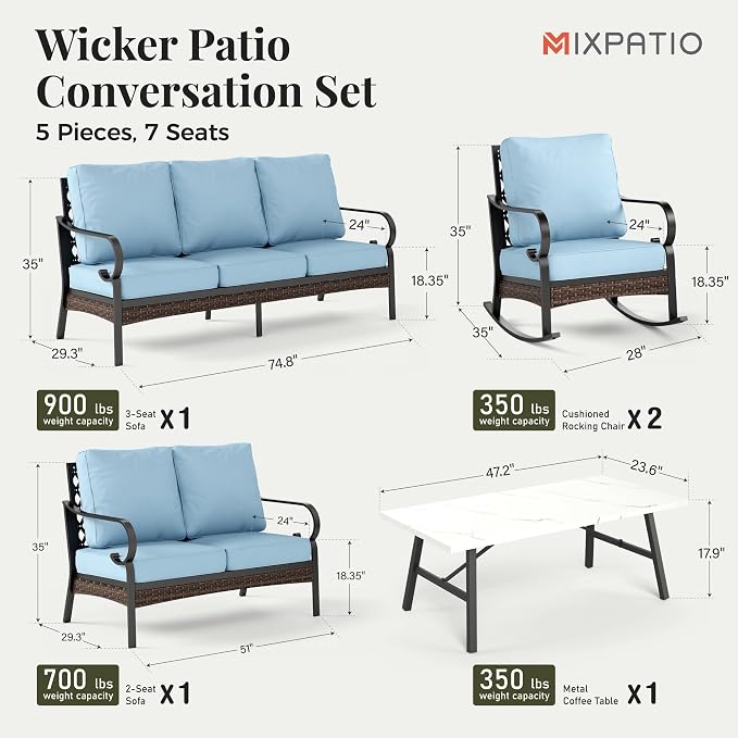 MIXPATIO Patio Furniture Set with Coffee Table, Outdoor Conversation Set with 2 x Rocking Chairs, 1 x 2-Seat Sofa, 1 x 3-Seat Sofa for Lawn Garden Backyard, Blue