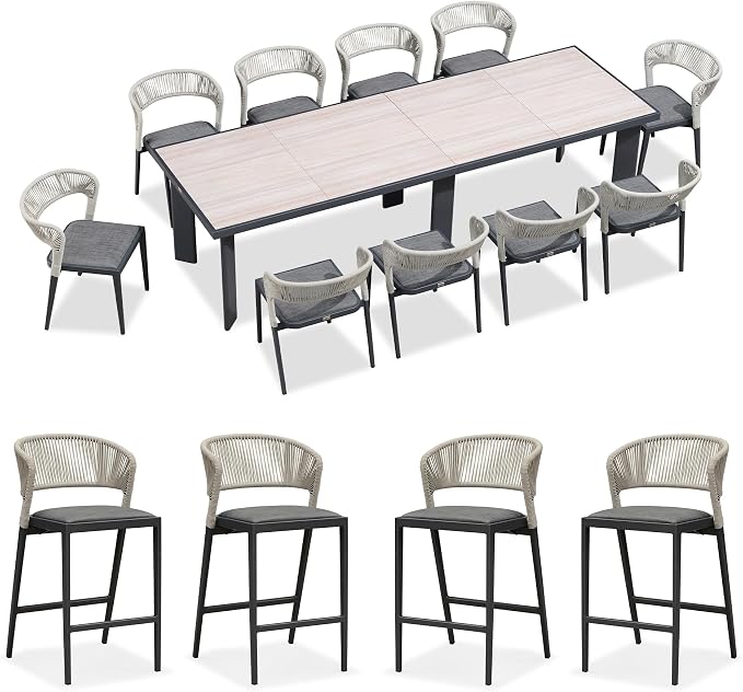 PURPLE LEAF 11 Pieces Outdoor Dining Set Patio Table and Chairs Set Aluminum Wicker Rattan Patio Furniture Set for Lawn Garden Porch Beige Marble Color Outdoor Set with Counter Stools