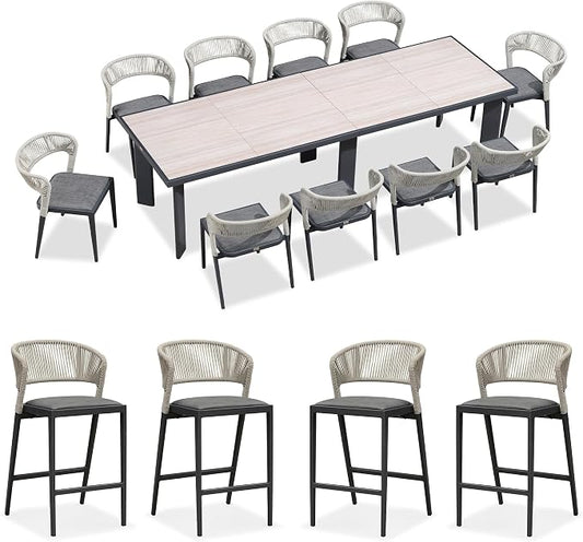 PURPLE LEAF 11 Pieces Outdoor Dining Set Patio Table and Chairs Set Aluminum Wicker Rattan Patio Furniture Set for Lawn Garden Porch Beige Marble Color Outdoor Set with Counter Stools