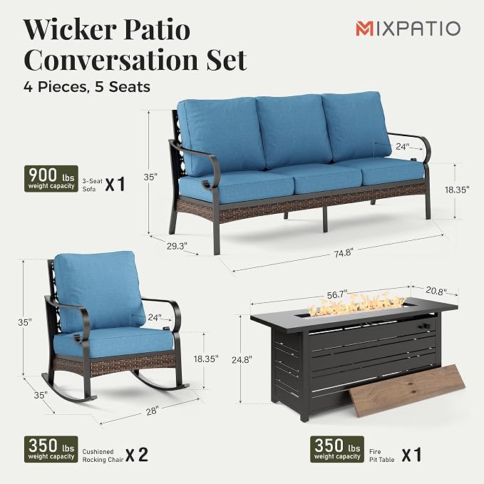 MIXPATIO Patio Furniture Set with Firepit Table, Black Frame Outdoor Conversation Set with 2 x Rocking Chairs, 1 x 3-Seat Sofa for Lawn Garden Backyard, Navy Blue