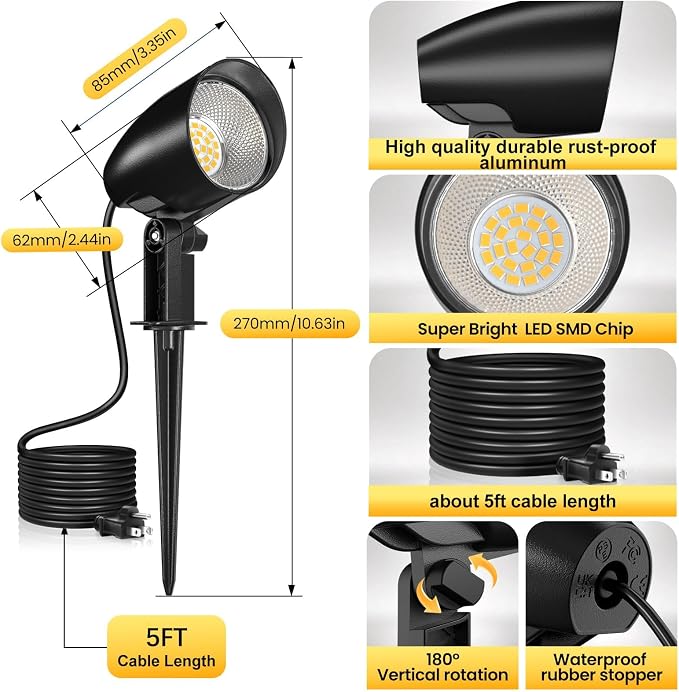 20W Outdoor Spotlight,IP66 Landscape Lighting for Yard, 2 Pack | 1880LM high brightness, CRI>80, 85% energy saving, 3-prong cord,plug and play,Ideal for yards, pathways, gardens, and patios