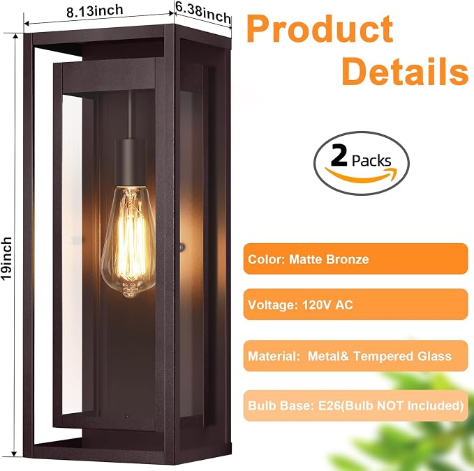 19" Bronze Outdoor Light Fixture, 2 Pack Large Size Outdoor Sconce Lights with Clear Glass Shade, Waterproof Porch Lighting Exterior Light Fixture for Front Door, Garage