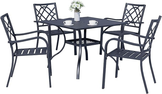 SOLAURA 5-Piece Outdoor Patio Dining Set, 4 Person Outside Table and Chairs Set, Metal Stacked Chairs of 4, Slat Table Top with 1.57" Umbrella Hole (Black)