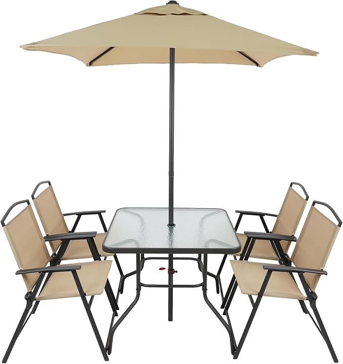 6-Piece Outdoor Patio Furniture Set for 4, Patio Table and Chairs Set with Umbrella, All-Weather Steel Frame & Glass Top Dining Table Set for Backyard, Lawn - Tan