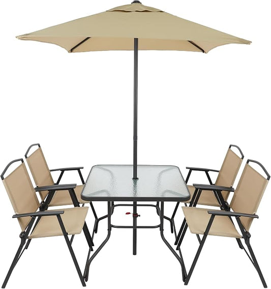 6-Piece Outdoor Patio Furniture Set for 4, Patio Table and Chairs Set with Umbrella, All-Weather Steel Frame & Glass Top Dining Table Set for Backyard, Lawn - Tan