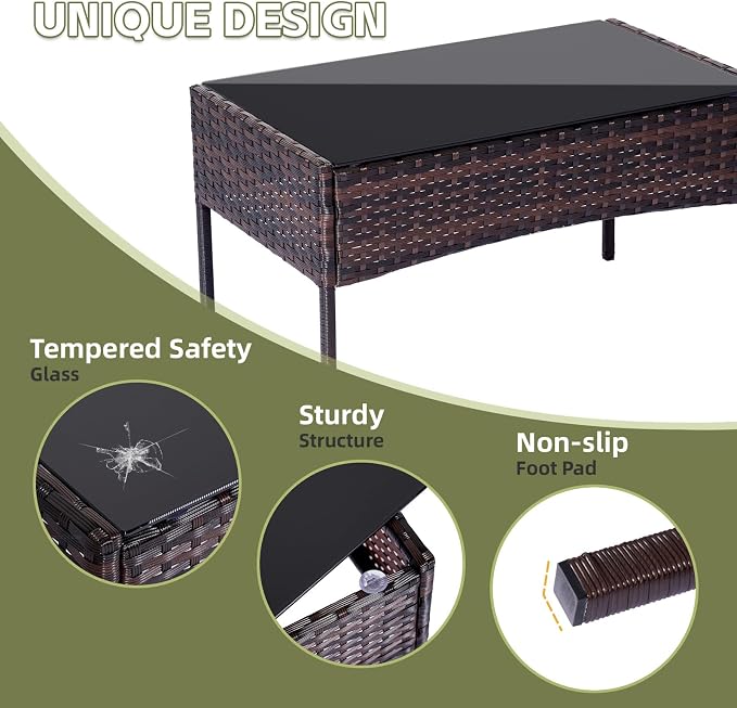Patio Furniture Set 4 Pieces, Outdoor Rattan Furniture with Tempered Glass Coffee Table, Modern Rattan Patio Chairs Conversation Sets with Sofa for Garden, Terrace, Porch, Lawns Brown/Red